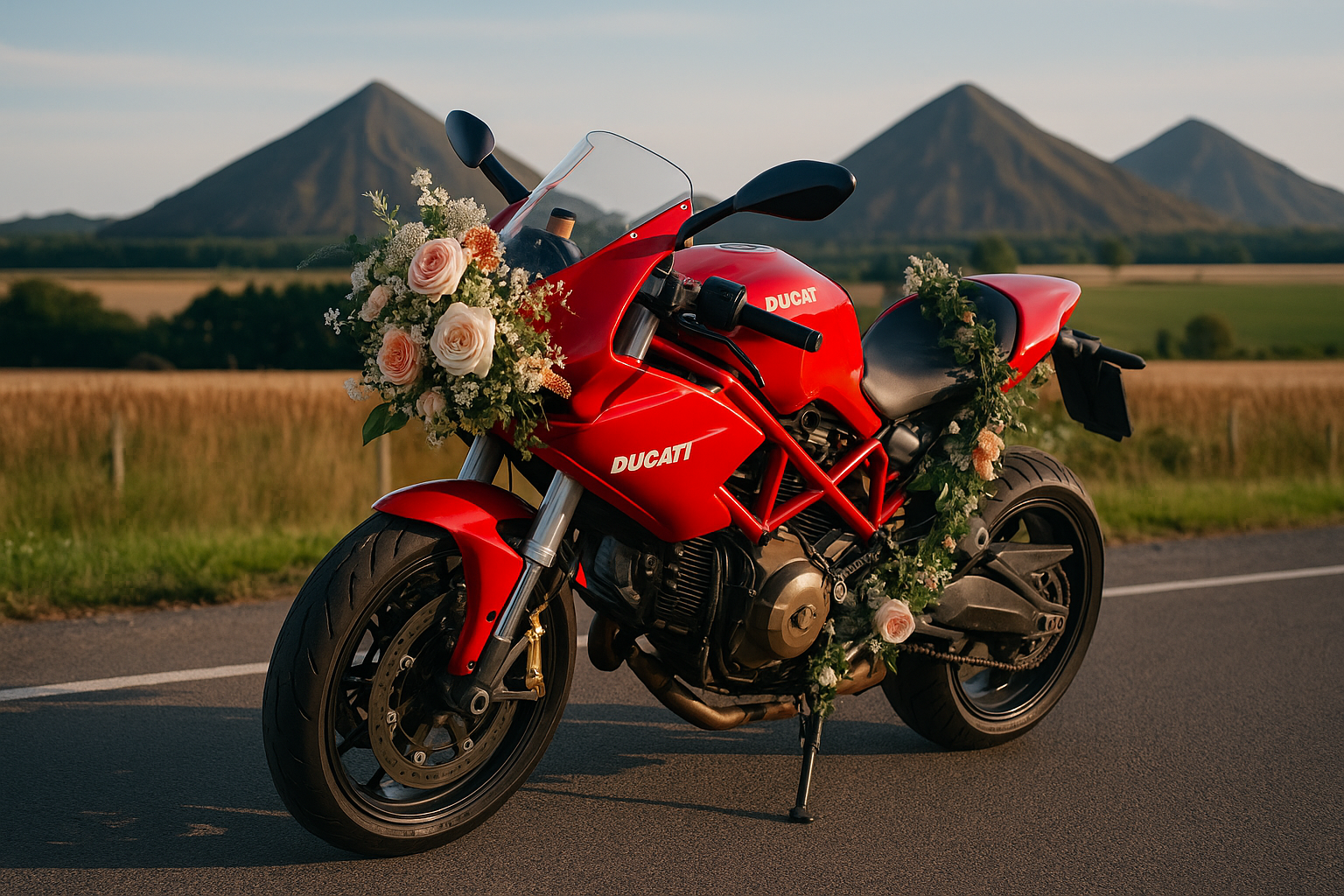 Moto Ducati fleurie, une création originale signée artisan fleuriste à Lens pour mariage personnalisé